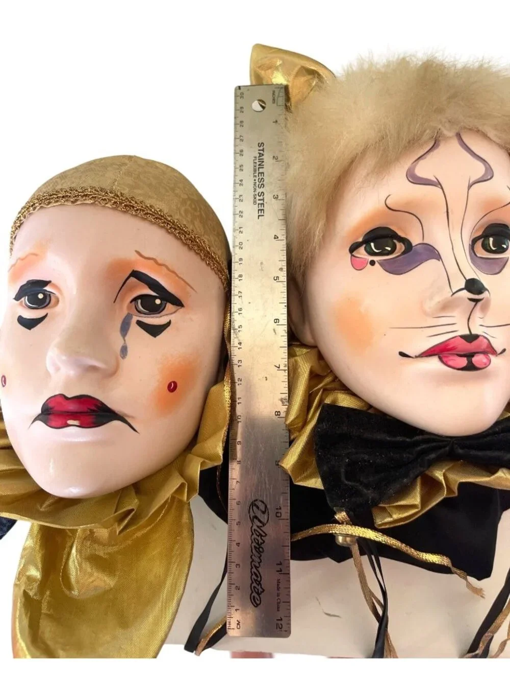 Vintage Brinn's Ceramic Harlequin Clown and Cat Mask Set Mardi Gras Wall Art 80s